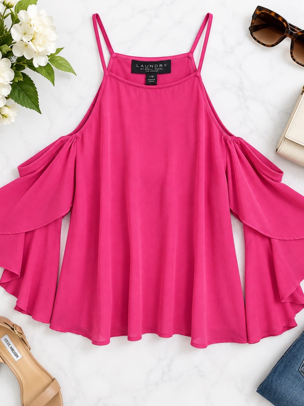 Laundry by Shelli Segal Hot Pink Cold Shoulder Bell Sleeve Top – L – NWT